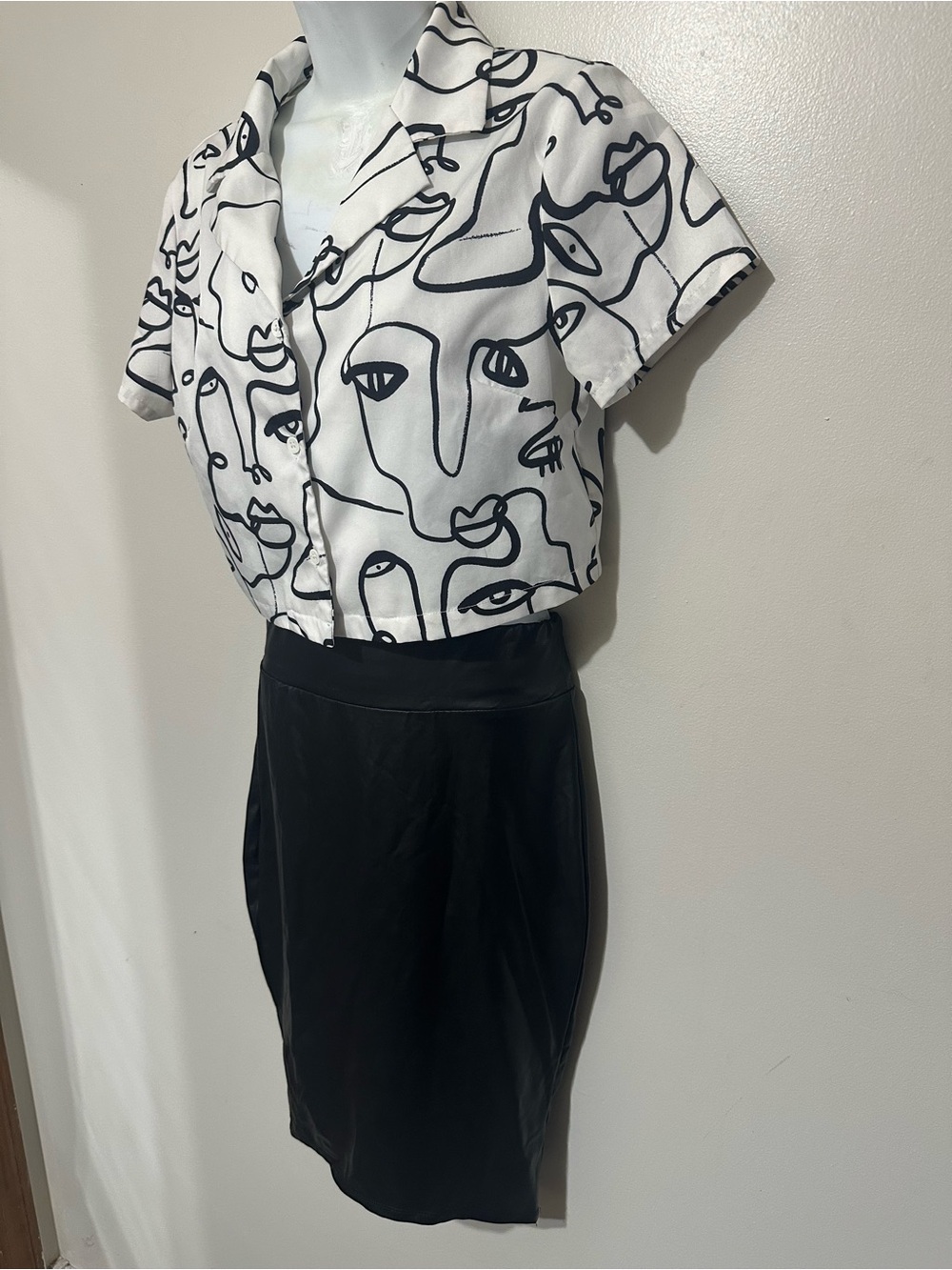 SHEIN Two‑Piece Abstract Face Print Button‑Up Top and Black Skirt Set Size S
